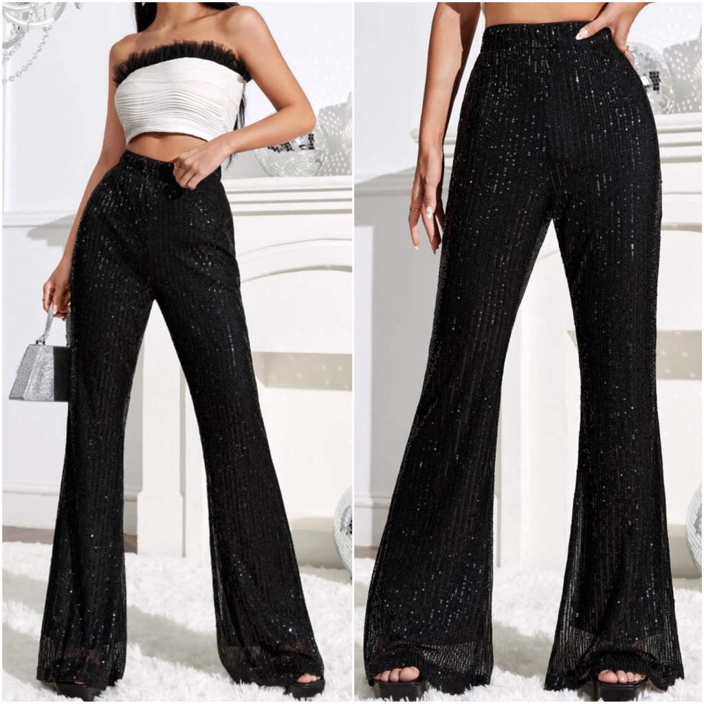 Luxe Sequin Stretchy Waist Flare Wide Leg Pants